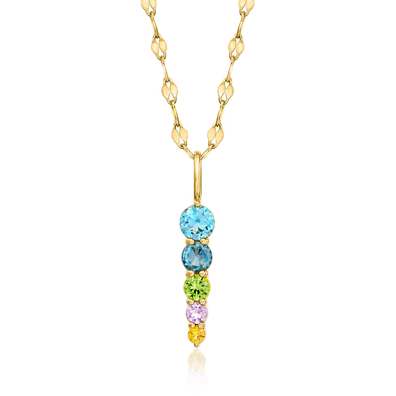 Gold over sterling pendant necklace with stacked round gemstone accents in blue, green, purple, yellow
