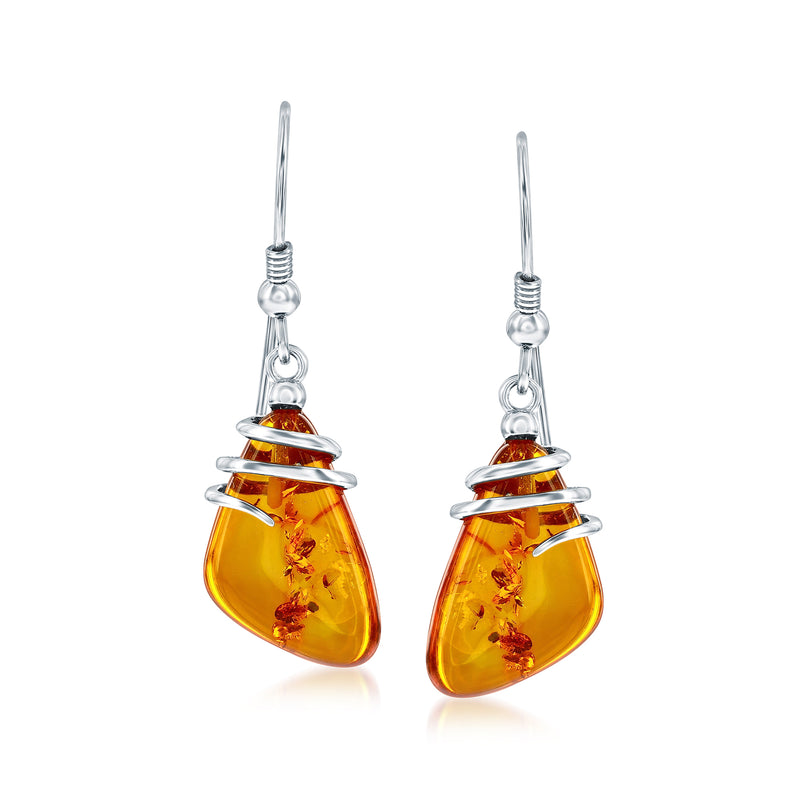 Sterling silver amber drop earwire earrings with wrapped amber teardrop dangle