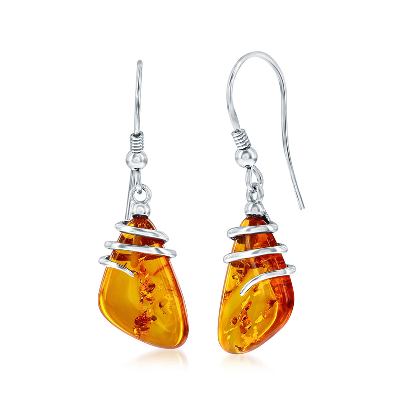 Sterling silver amber wrapped teardrop drop earrings on curved earwire hooks