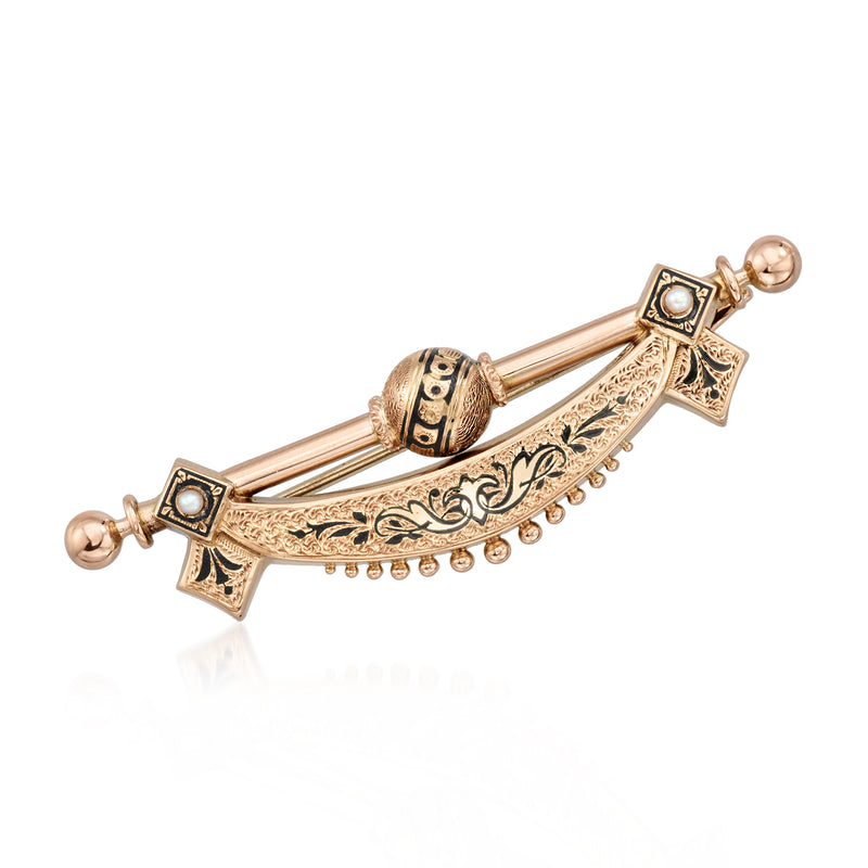 Vintage rose gold bar pin with black enamel settings and small cultured pearls
