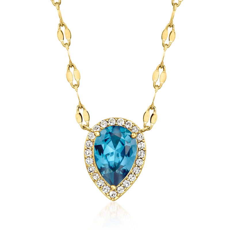 18kt gold over sterling necklace with blue topaz pear pendant and clear halo stones