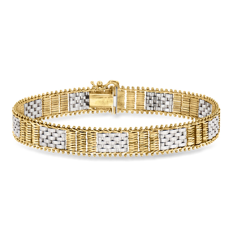 Two-tone gold woven bracelet with alternating silver and gold checker square pattern