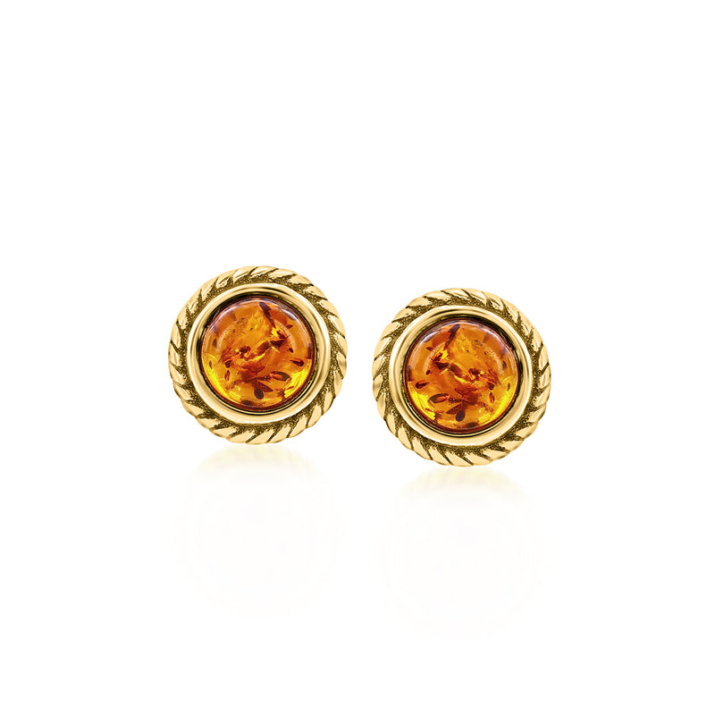 Round amber stud earrings in 18kt gold over sterling with rope border setting