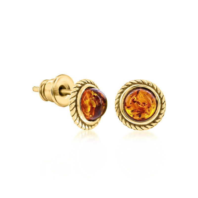 Amber stud earrings with gold posts and rope-edged round bezel setting