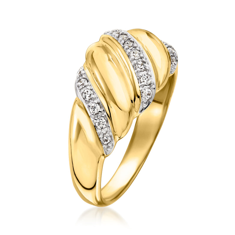 18kt gold over sterling diamond ring with layered ridged bands and pave-set stones