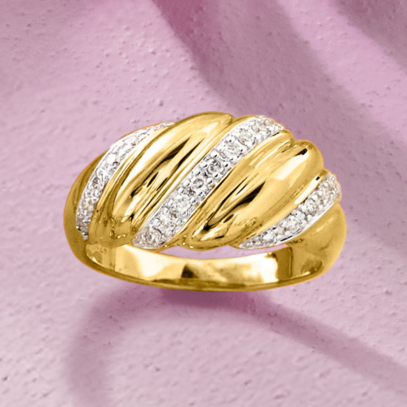 Gold over sterling diamond ring with domed ridged bands and pave-set stones