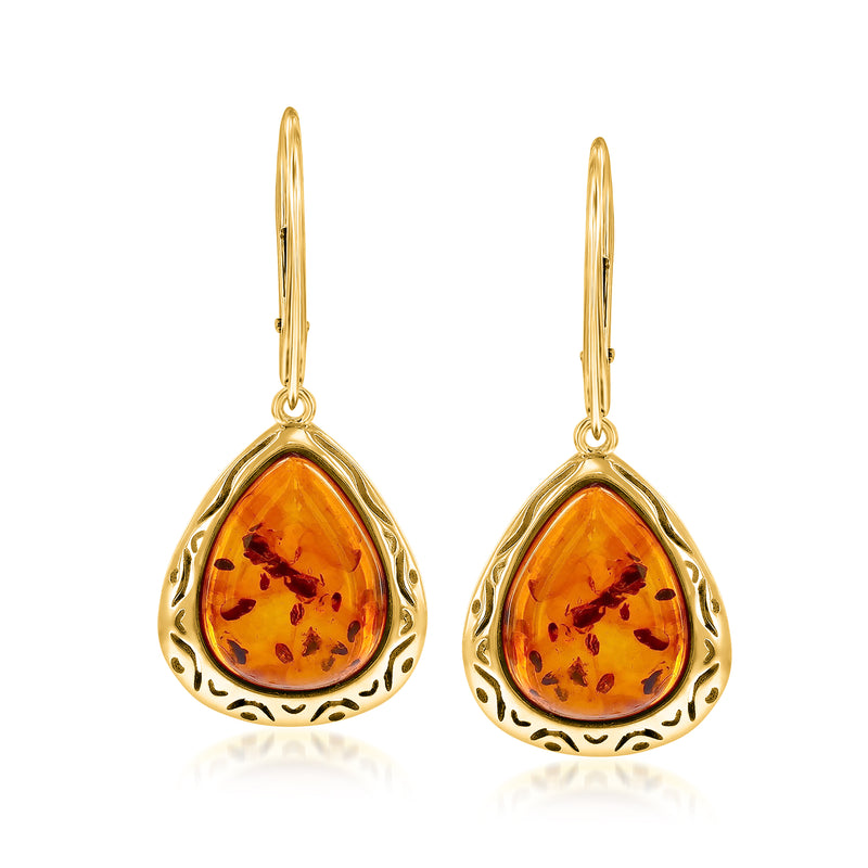 Teardrop amber drop earrings in gold tone with leverback closures
