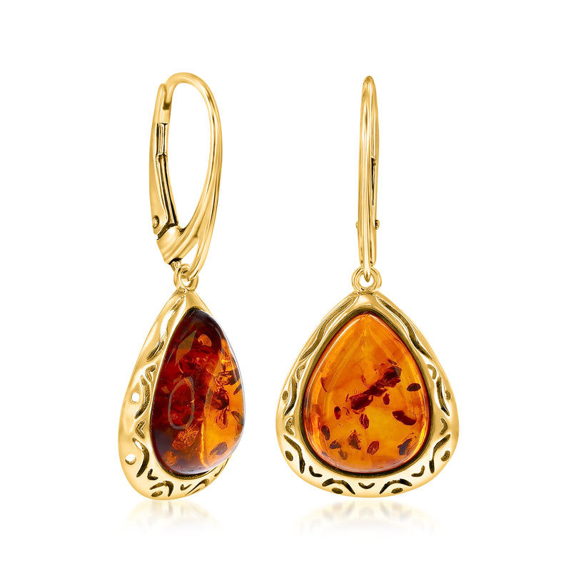 Teardrop amber drop earrings with ornate gold frame and leverback hooks