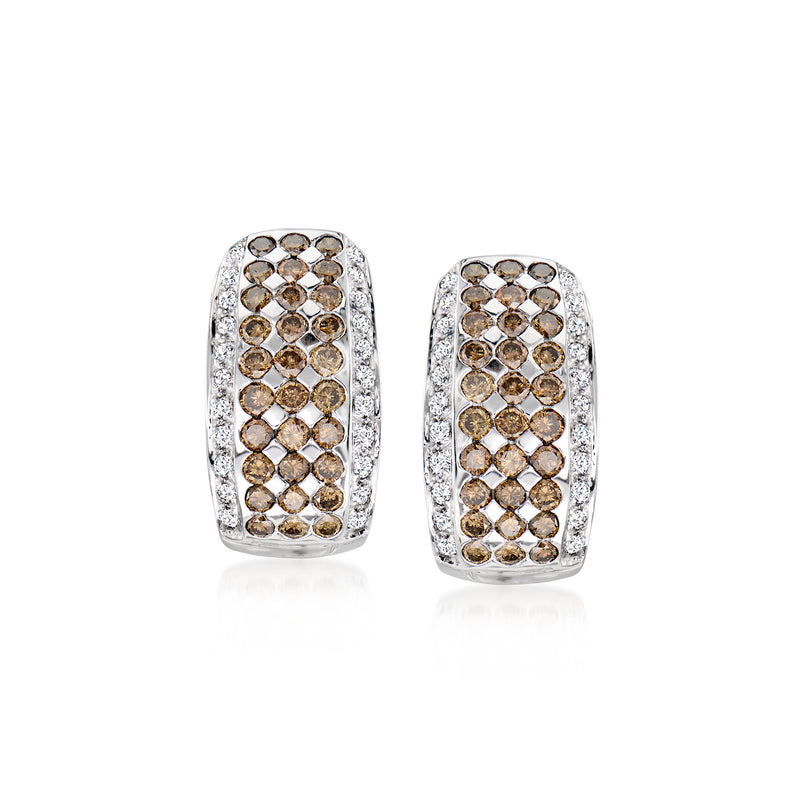 Curved white gold hoop earrings with brown and white diamond-like stones