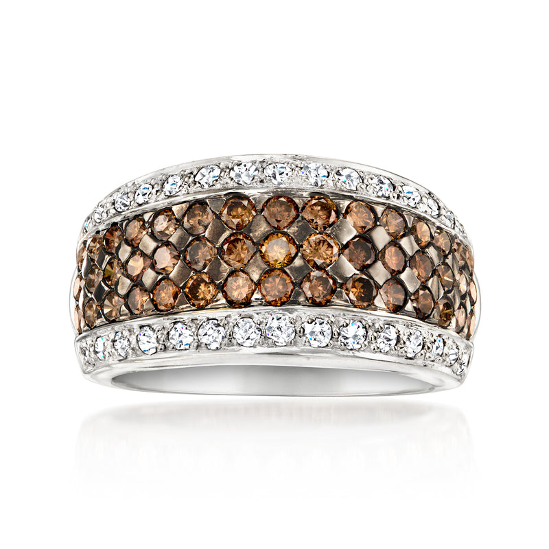 Diamond cluster ring in 14kt white gold with brown and white round stones, two rows