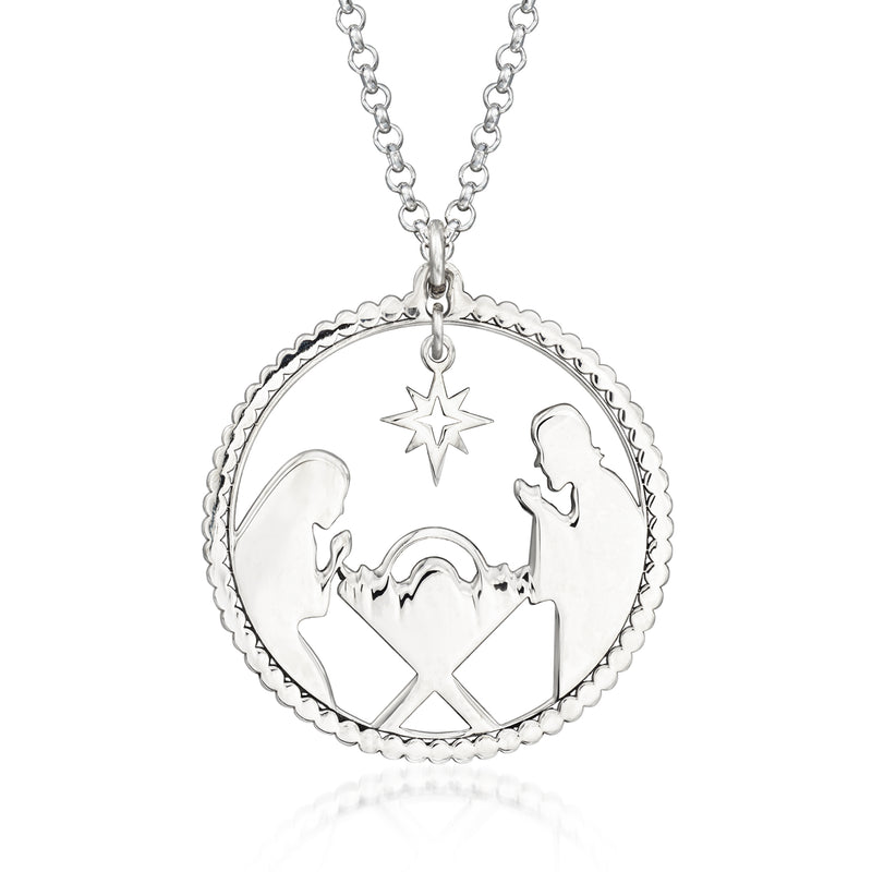 Sterling silver nativity pendant necklace with round scene, star, and creche figures