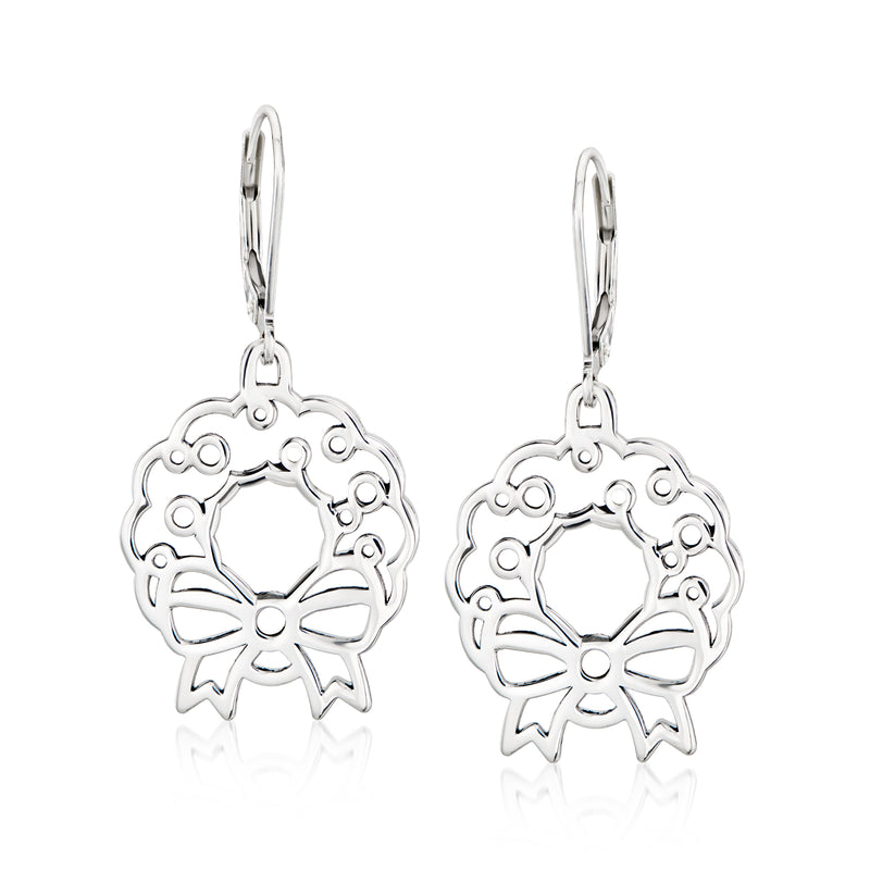 Sterling silver openwork Christmas wreath drop earrings with bow and leverback closures