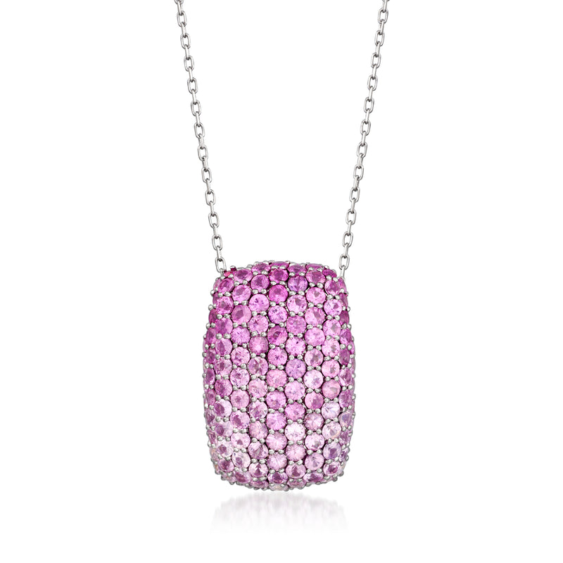Tonal pink sapphire cluster pendant on white gold chain.