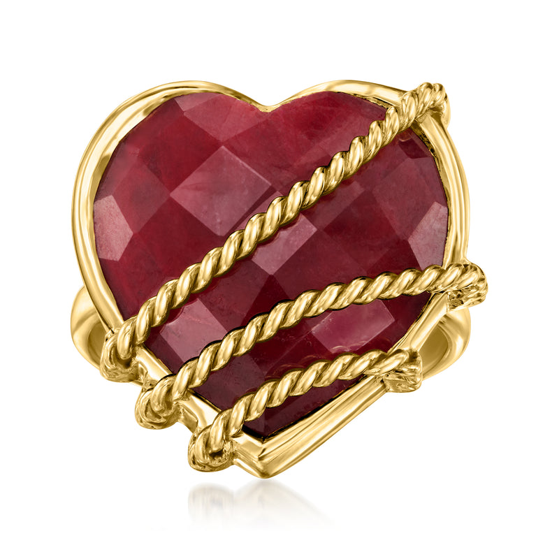 Heart ruby roped ring in gold over sterling with faceted red gemstone