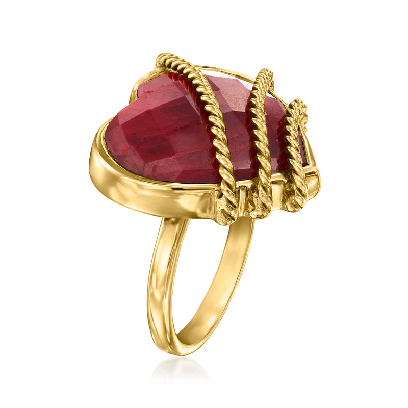 Heart ruby roped ring view from side, gold over sterling with red faceted stone