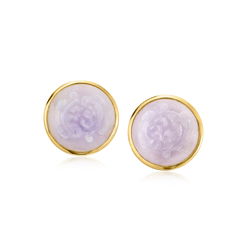 Round lavender jade cabochon stud earrings in 14kt yellow gold bezel
