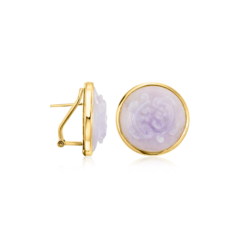 Round lavender jade cabochon stud earring with 14kt yellow gold post setting