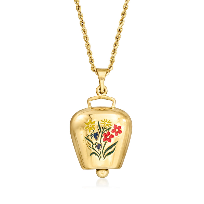 18kt yellow gold cowbell pendant necklace with multicolored enamel floral details