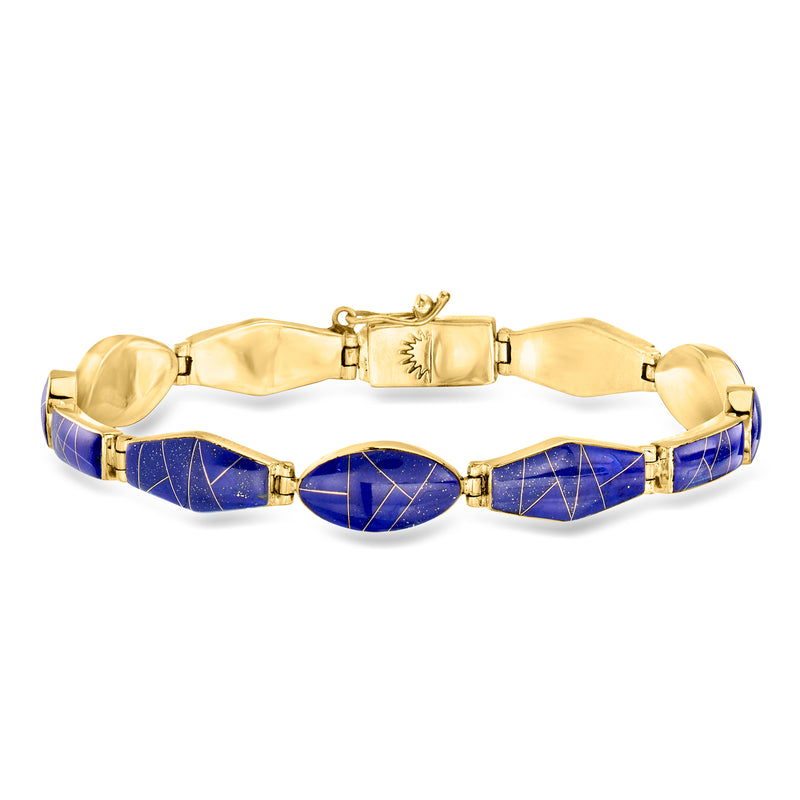 14kt yellow gold lapis mosaic bracelet with oval center and blue rectangular panels