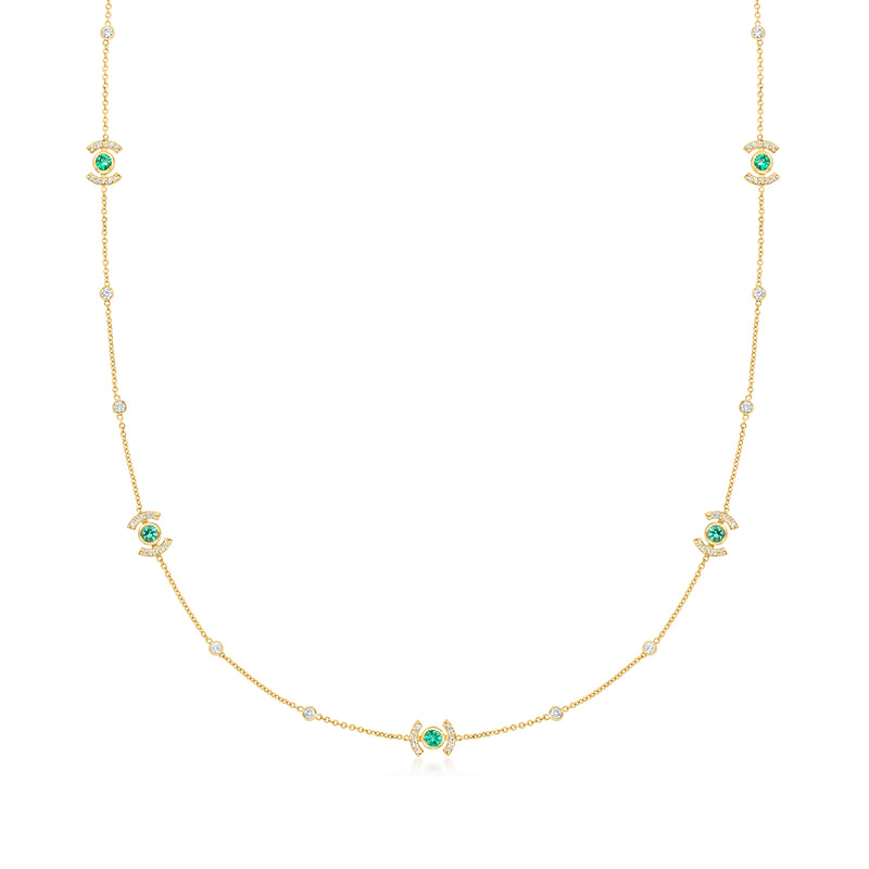 14kt yellow gold station necklace with round emerald accents and small diamond stations