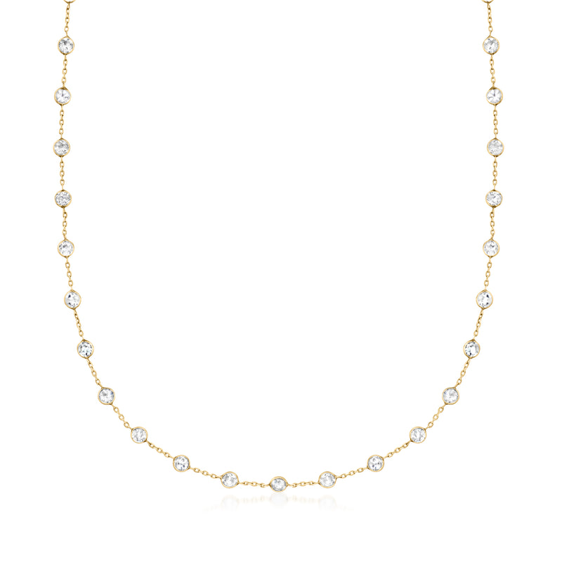 14kt yellow gold topaz station necklace with round white stones