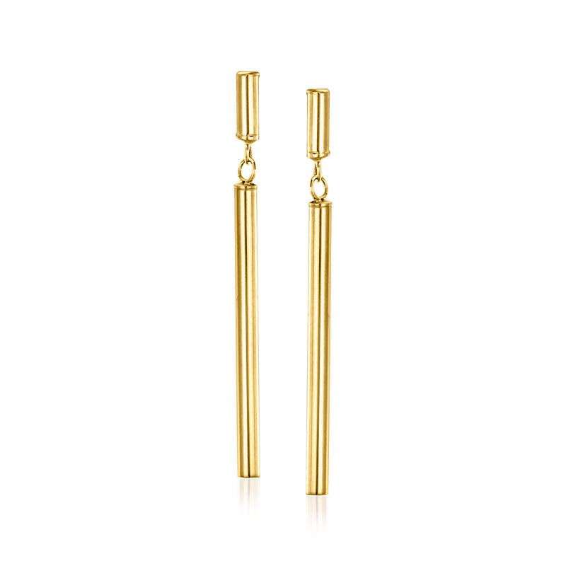 14kt yellow gold cylinder-link drop earrings, long vertical bar dangle