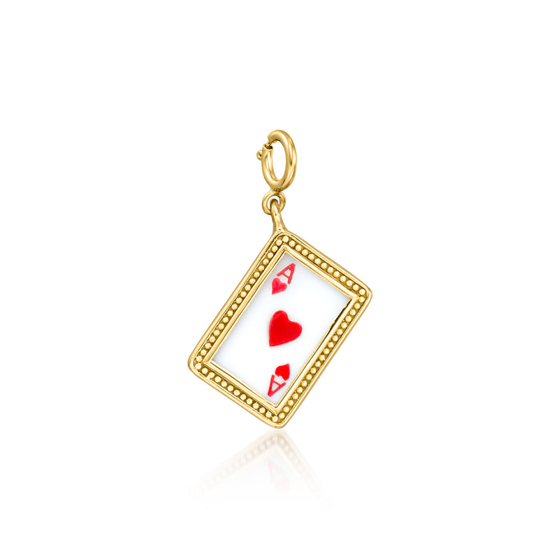 Gold charm with white enamel and red ace of hearts, teardrop bail