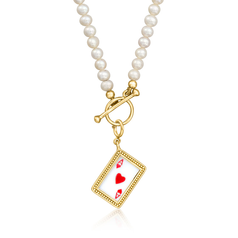 Gold ace of hearts charm on white pearl strand necklace with clasp