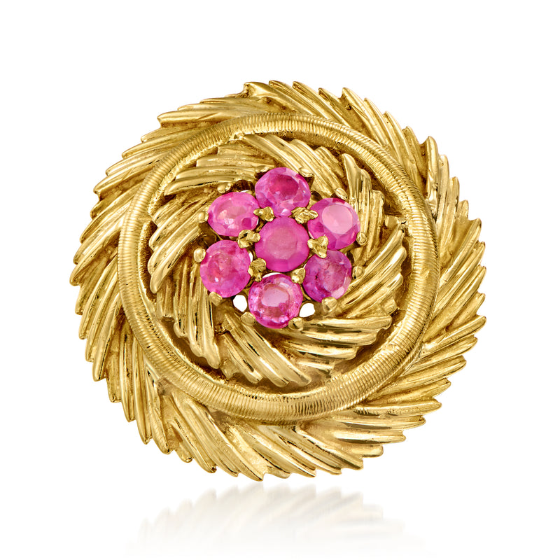 Vintage 18kt yellow gold ruby cluster ring with round pink stones, rope swirl setting
