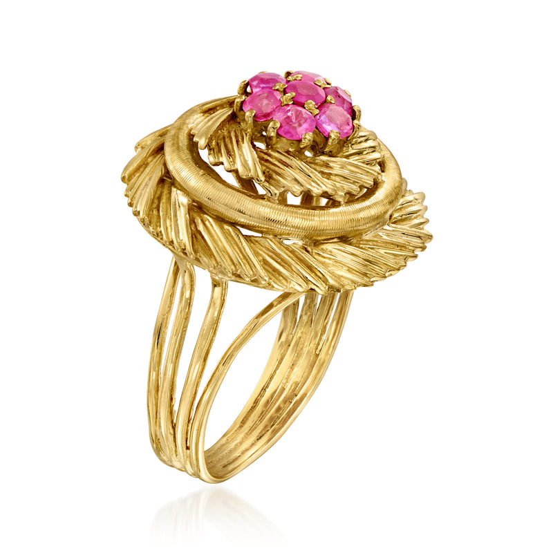 Vintage 18kt yellow gold ruby cluster ring with pink round stones, twisted rope band