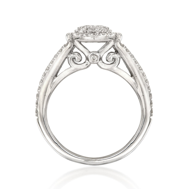 14kt white gold diamond ring, open view showing halo setting and gallery