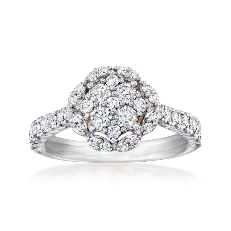 Diamond cluster ring in two-tone gold with pavé band, size 7