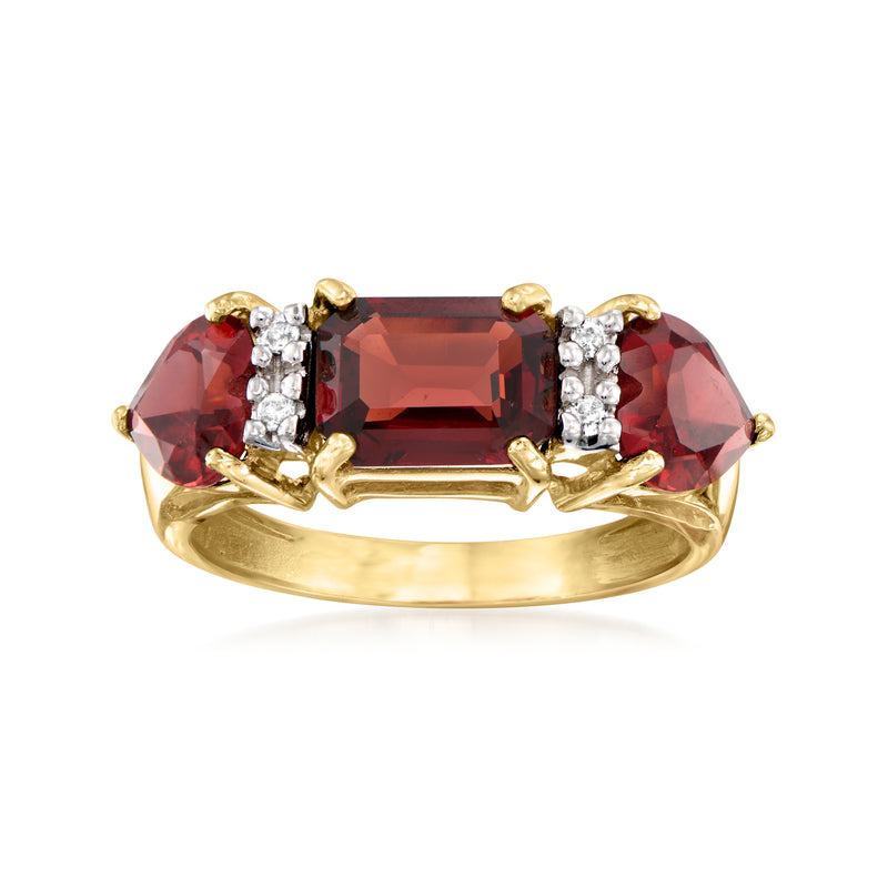 14kt yellow gold garnet and diamond ring with rectangular red center stone