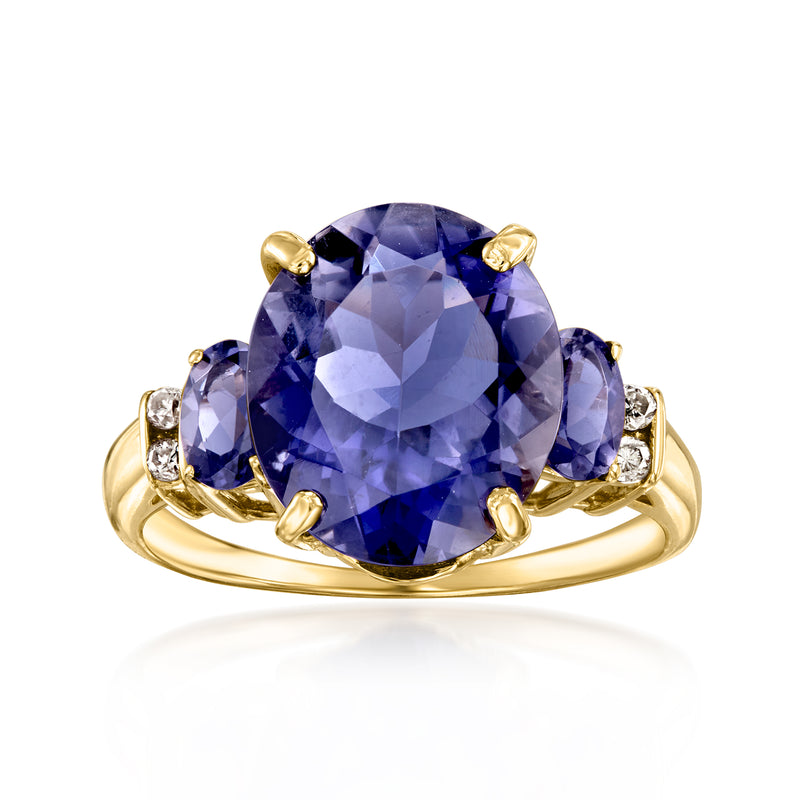 14kt yellow gold vintage ring, oval violet-blue iolite with diamond side stones