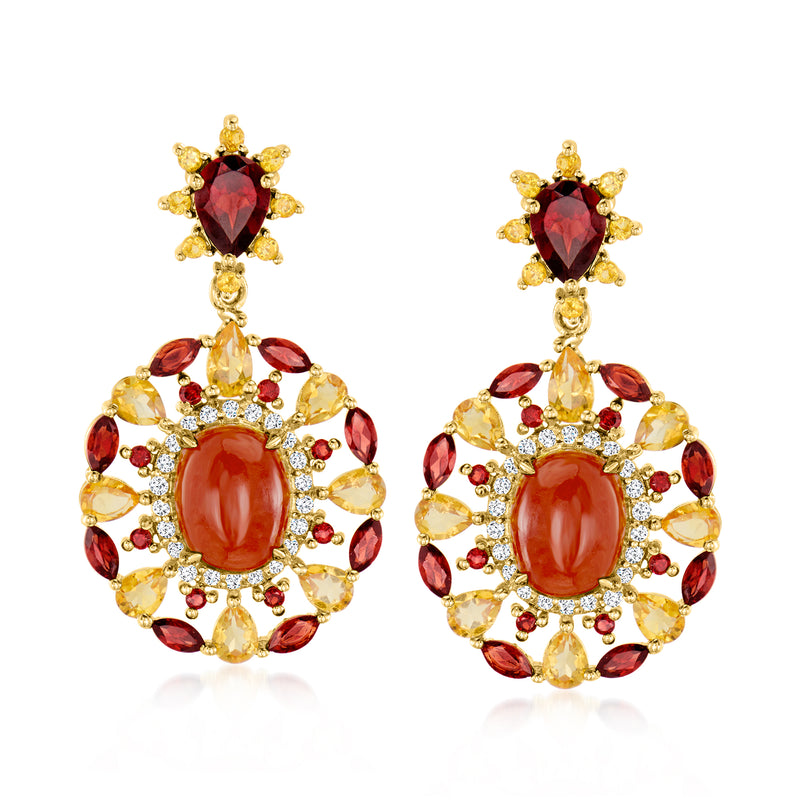 Gold-tone drop earrings with oval orange centerpiece, red and yellow stone halos