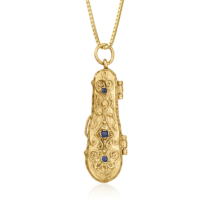 Two-tone 14kt gold violin pendant necklace with blue sapphire accents and chain