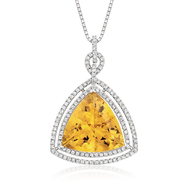 White gold pendant necklace with yellow gemstone and diamond halo teardrop