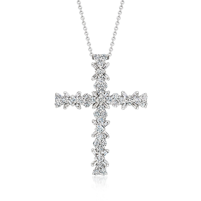 Diamond cross pendant necklace in 18kt white gold with sparkling round and marquise stones