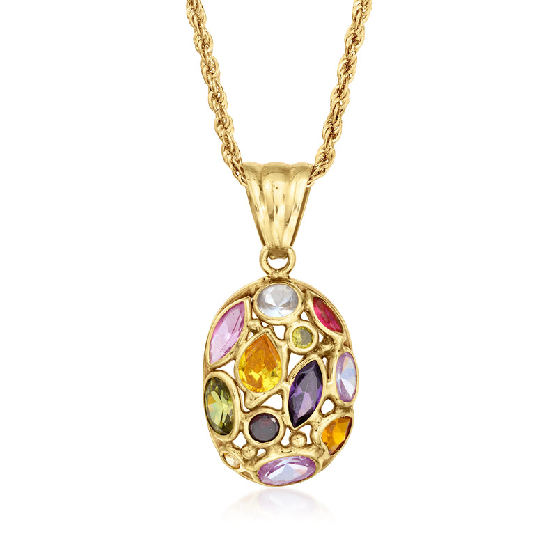 14kt yellow gold CZ pendant necklace with multicolored oval stone cluster