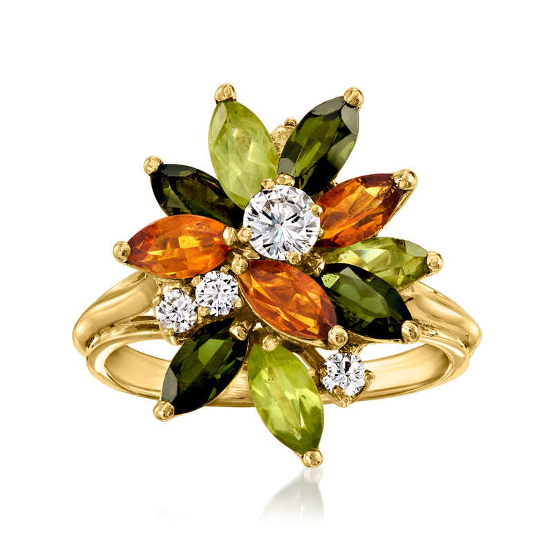 Gold cluster ring with multi-color gemstones and round diamond accents, openwork band