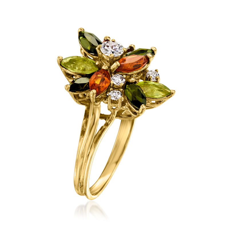 Yellow gold ring with multi-color leaf-shaped gemstones and round diamond accents
