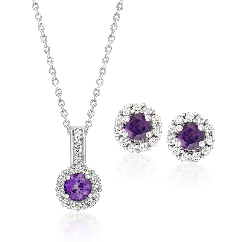 Sterling silver amethyst halo jewelry set with pendant and matching stud earrings