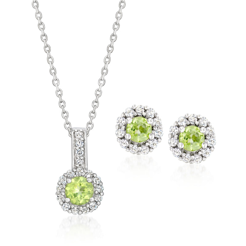 Sterling silver set with round peridot centers, white topaz halo pendant and earrings