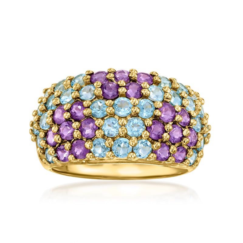 Wide ring in 14kt yellow gold with sky-blue and purple round gemstone clusters