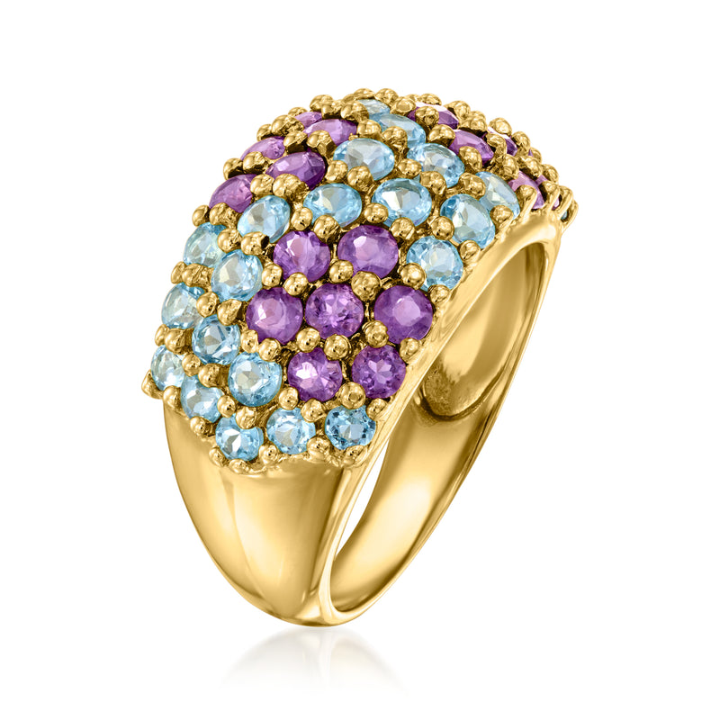14kt yellow gold wide ring with blue topaz and amethyst round clusters, curved profile