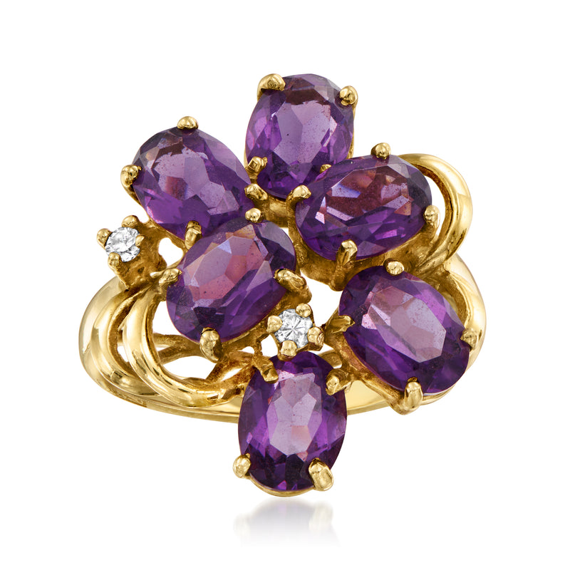 Vintage 14kt yellow gold amethyst cluster ring with oval purple stones and diamond accents