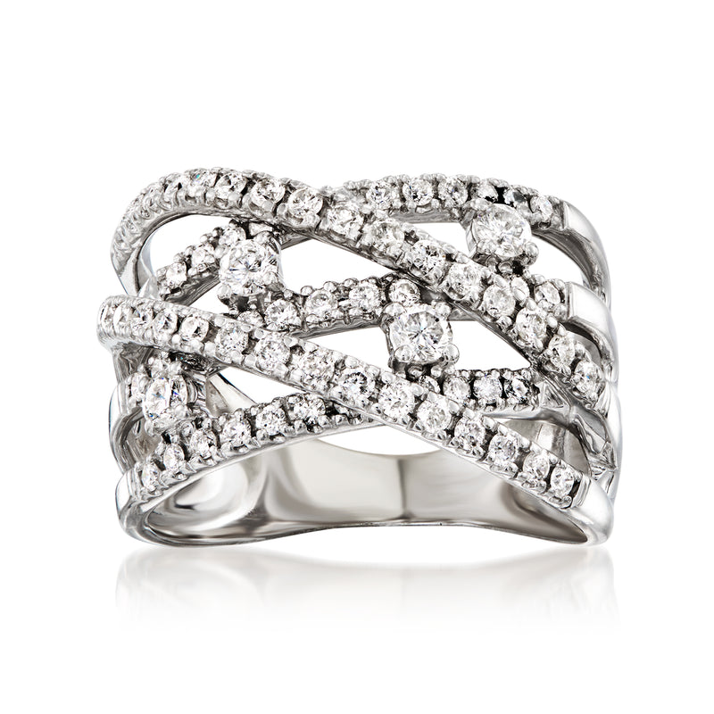 Vintage diamond highway ring in 14kt white gold with crisscross pavé bands