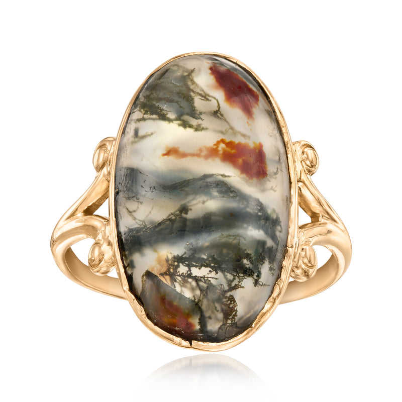 Vintage oval moss agate ring in yellow gold, with swirling landscape stone centerpiece.