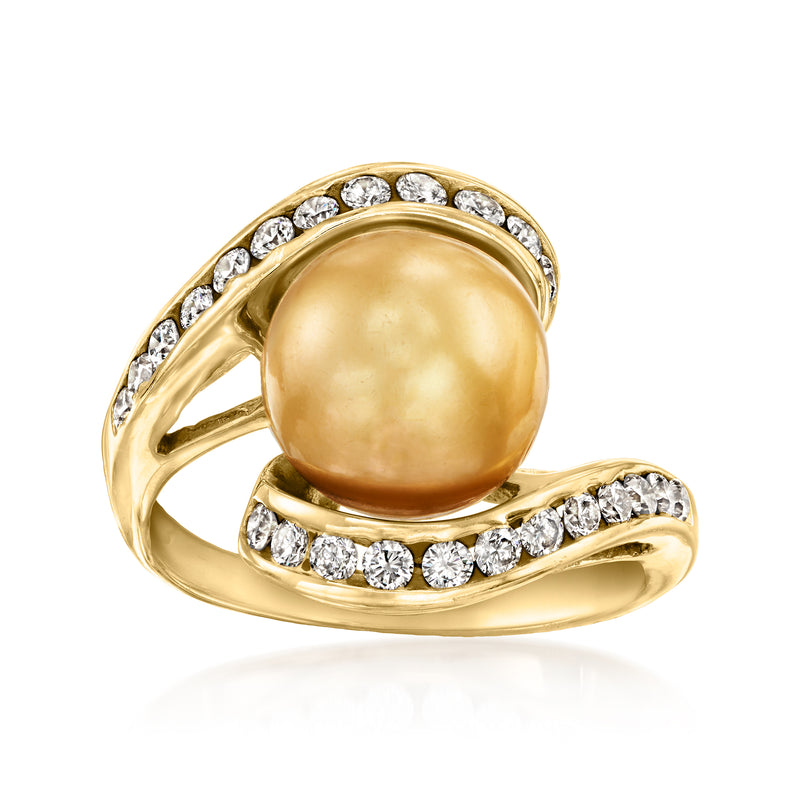 Bypass ring with golden cultured pearl and diamond accents in yellow gold