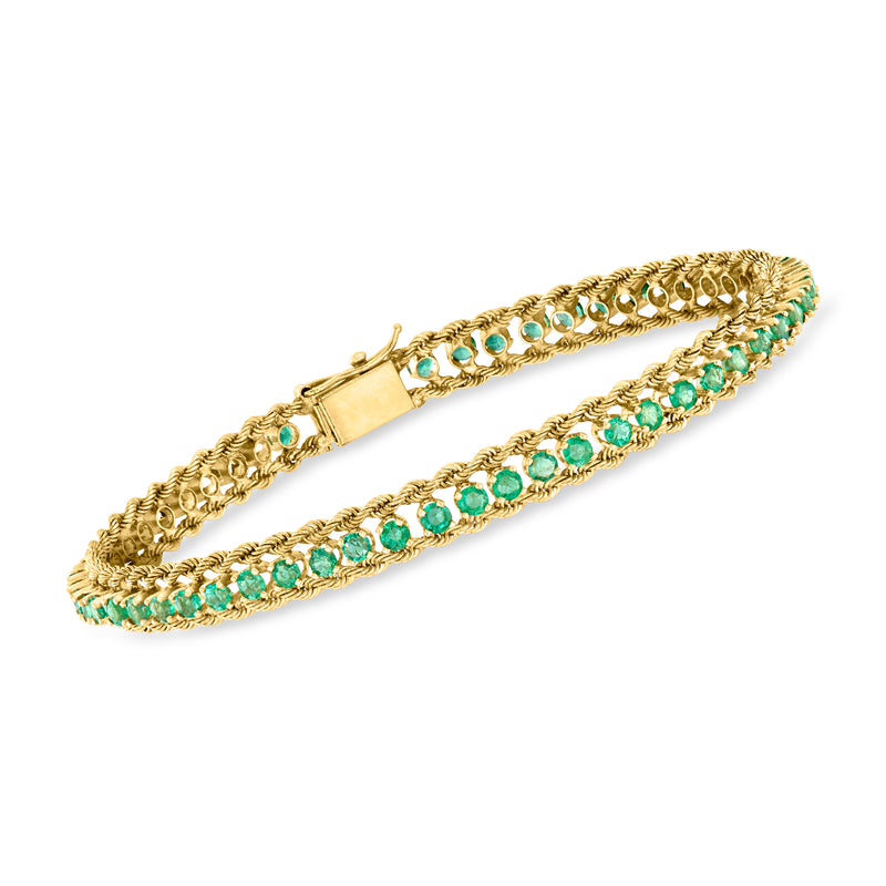 14kt yellow gold emerald roped-edge bracelet with green gemstone row links
